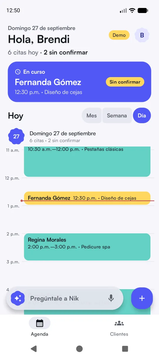 Deník Manager: pantalla Hoy con la cita en curso, el calendario del día y la barra «Pregúntale a Nik».